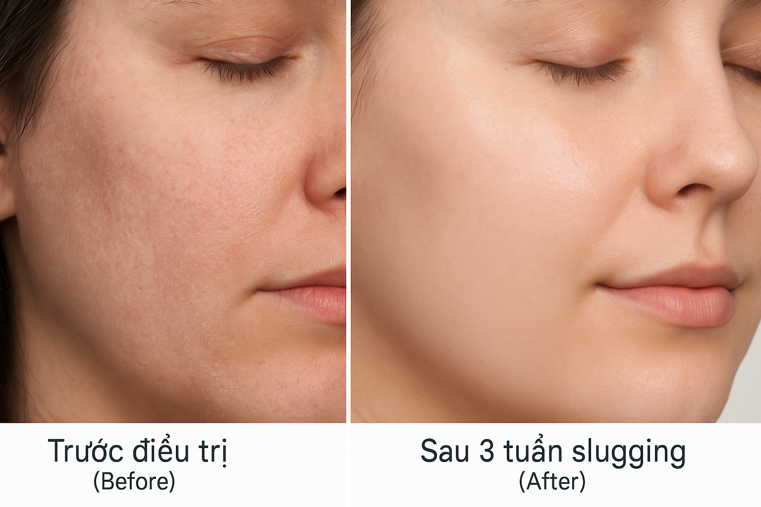 case-slugging-anhmyclinic-truoc-sau.png Ảnh trước – sau của bệnh nhân AD nhẹ được điều trị bằng slugging.