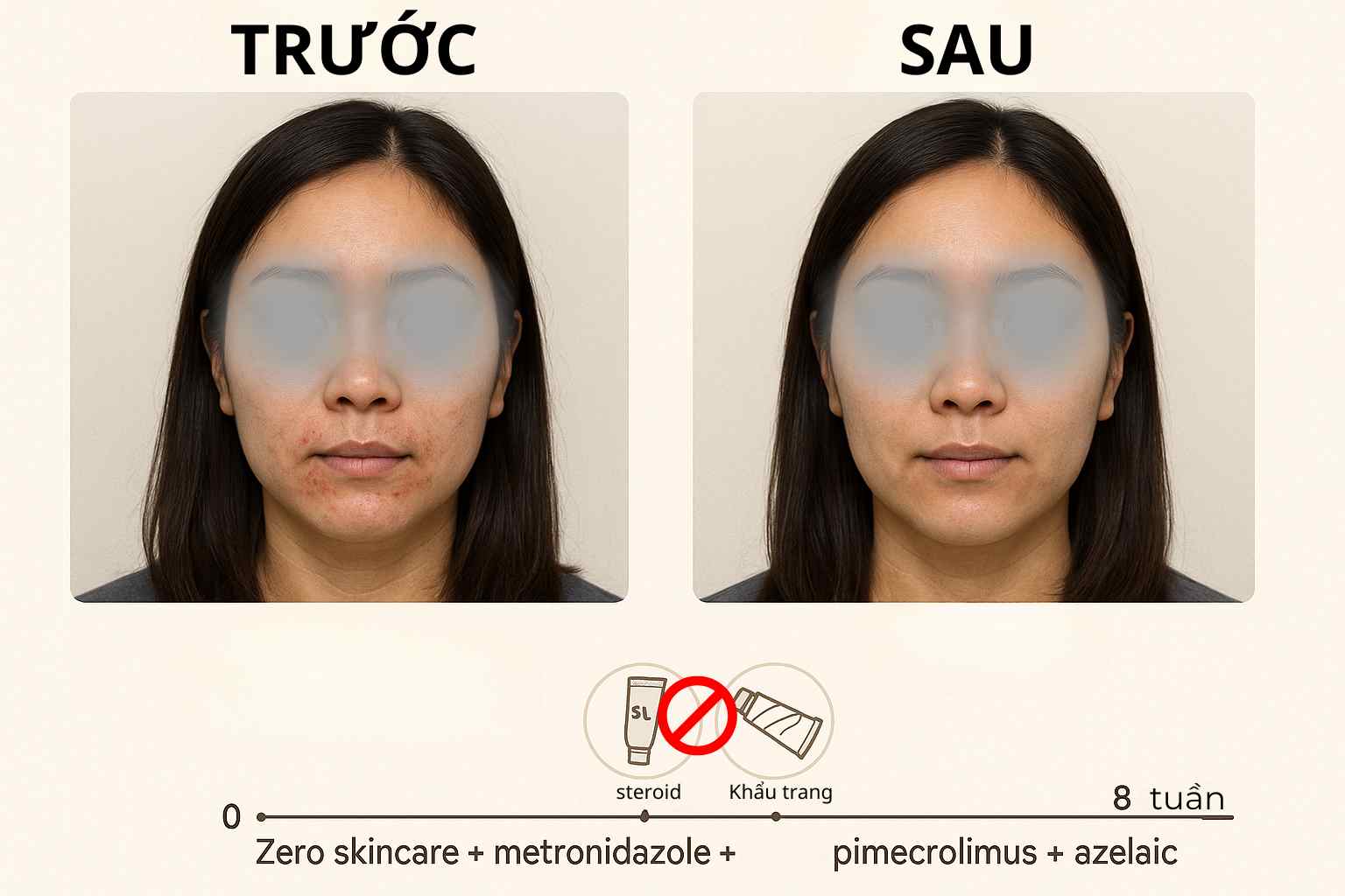 Ca nữ 28 tuổi vi&ecirc;m da quanh miệng: trước điều trị c&oacute; sẩn li ti chừa viền m&ocirc;i; sau 8 tuần với zero skincare, metronidazole, pimecrolimus v&agrave; azelaic, tổn thương cải thiện ~90%.