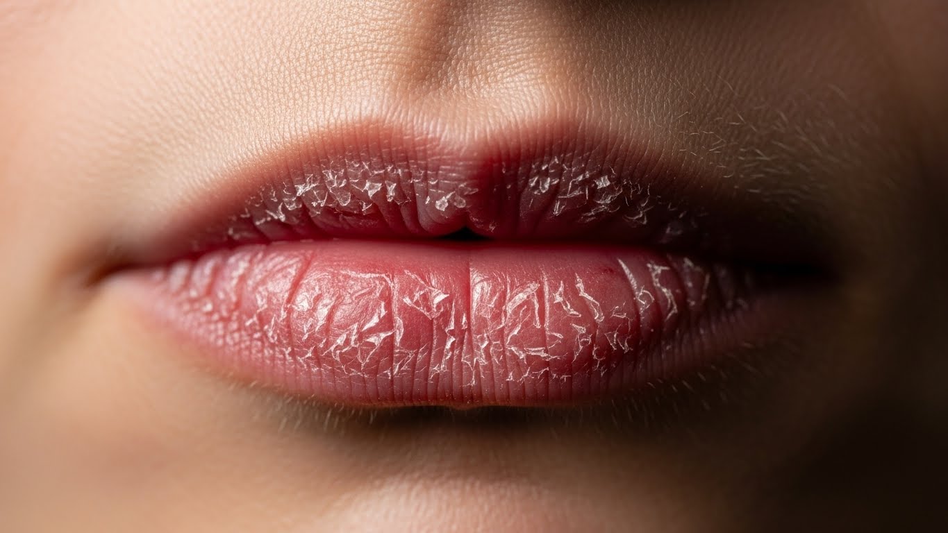 Dấu hiệu nhận biết ch&agrave;m m&ocirc;i: M&ocirc;i kh&ocirc;, nứt nẻ v&agrave; vi&ecirc;m đỏ tại viền m&ocirc;i - Ảnh tư liệu da liễu.