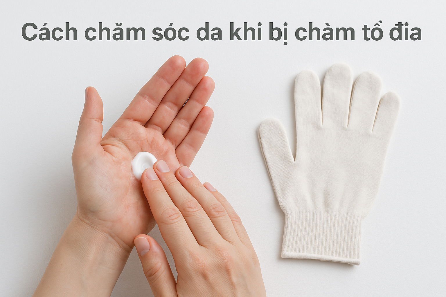 cham-soc-da-cham-to-dia.png Hình ảnh bệnh nhân bôi kem dưỡng ẩm và đeo găng cotton để bảo vệ da khi bị chàm tổ đĩa.