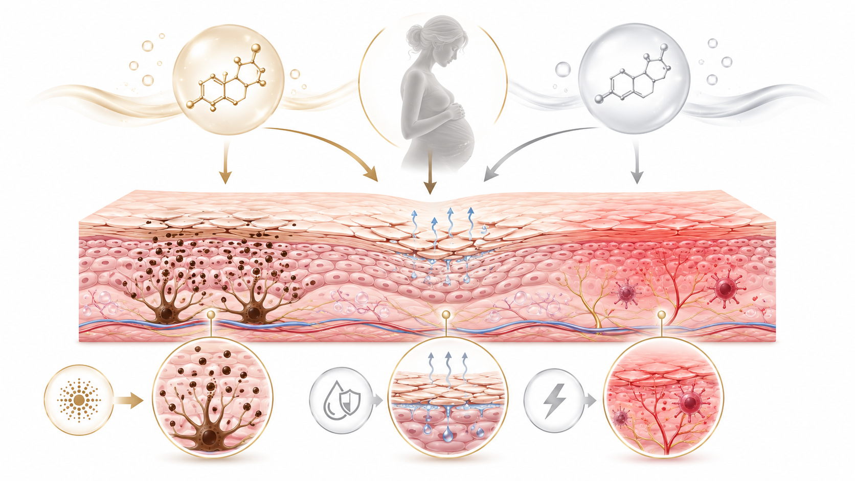 Sơ đồ thay đổi da trong thai kỳ do nội tiết tố estrogen v&agrave; progesterone ảnh hưởng