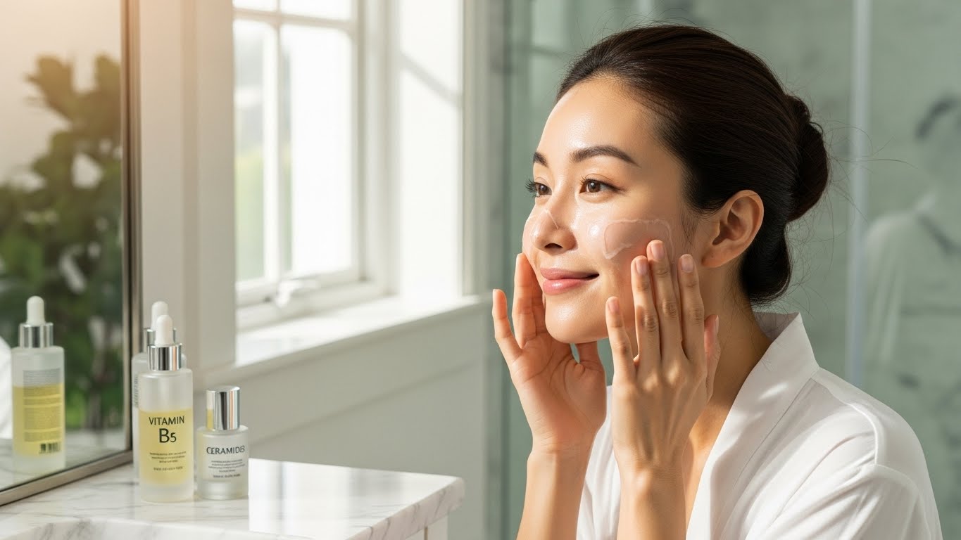 Chăm sóc da sau laser Nd:YAG trị nám bằng serum cấp ẩm lỏng nhẹ chứa B5.