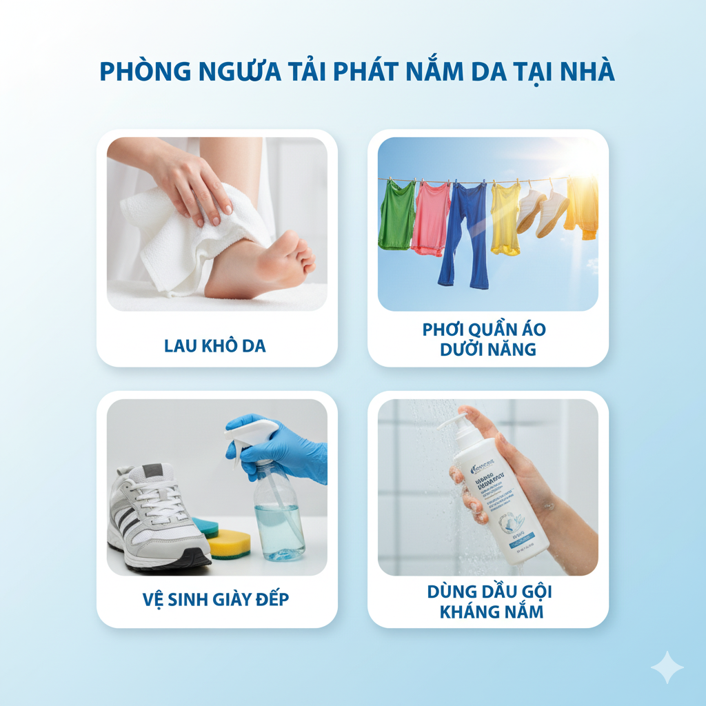 Infographic hướng dẫn chăm s&oacute;c v&agrave; ph&ograve;ng ngừa t&aacute;i ph&aacute;t nhiễm nấm da tại nh&agrave;.