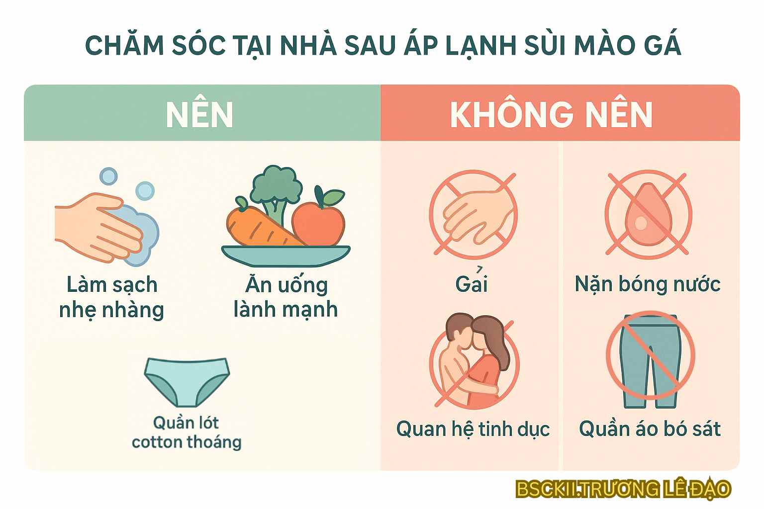 cham-soc-sau-ap-lanh-sui-mao-ga.jpg Hướng dẫn chăm sóc tại nhà sau khi áp lạnh sùi mào gà từ Bác sĩ Trương Lê Đạo.