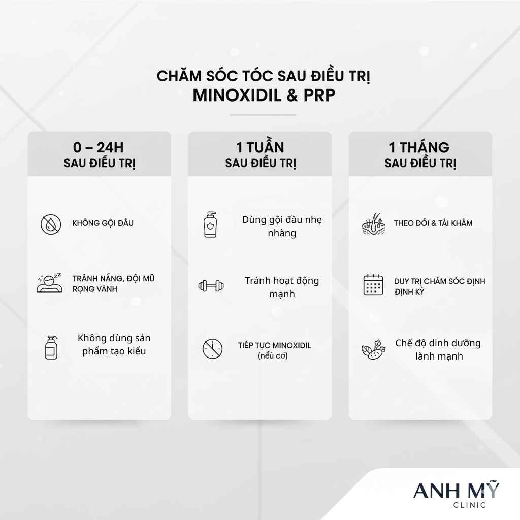 Infographic hướng dẫn chăm s&oacute;c da đầu v&agrave; t&oacute;c sau điều trị PRP v&agrave; Minoxidil tại Ph&ograve;ng Kh&aacute;m Da Liễu Anh Mỹ