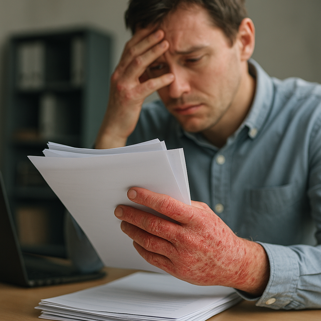 Người bệnh ch&agrave;m tay bị nứt nẻ, đau r&aacute;t khi l&agrave;m việc văn ph&ograve;ng.