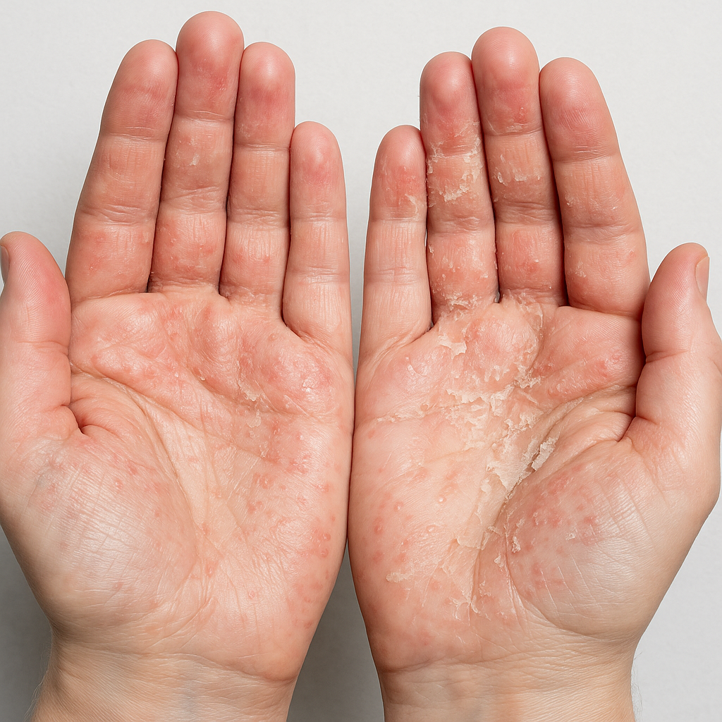 cham-to-dia-la-gi-hinh-anh-long-ban-tay.png Cận cảnh bàn tay bị chàm tổ đĩa với mụn nước nhỏ và da bong vảy – hình minh họa y khoa tại Anh Mỹ Clinic.