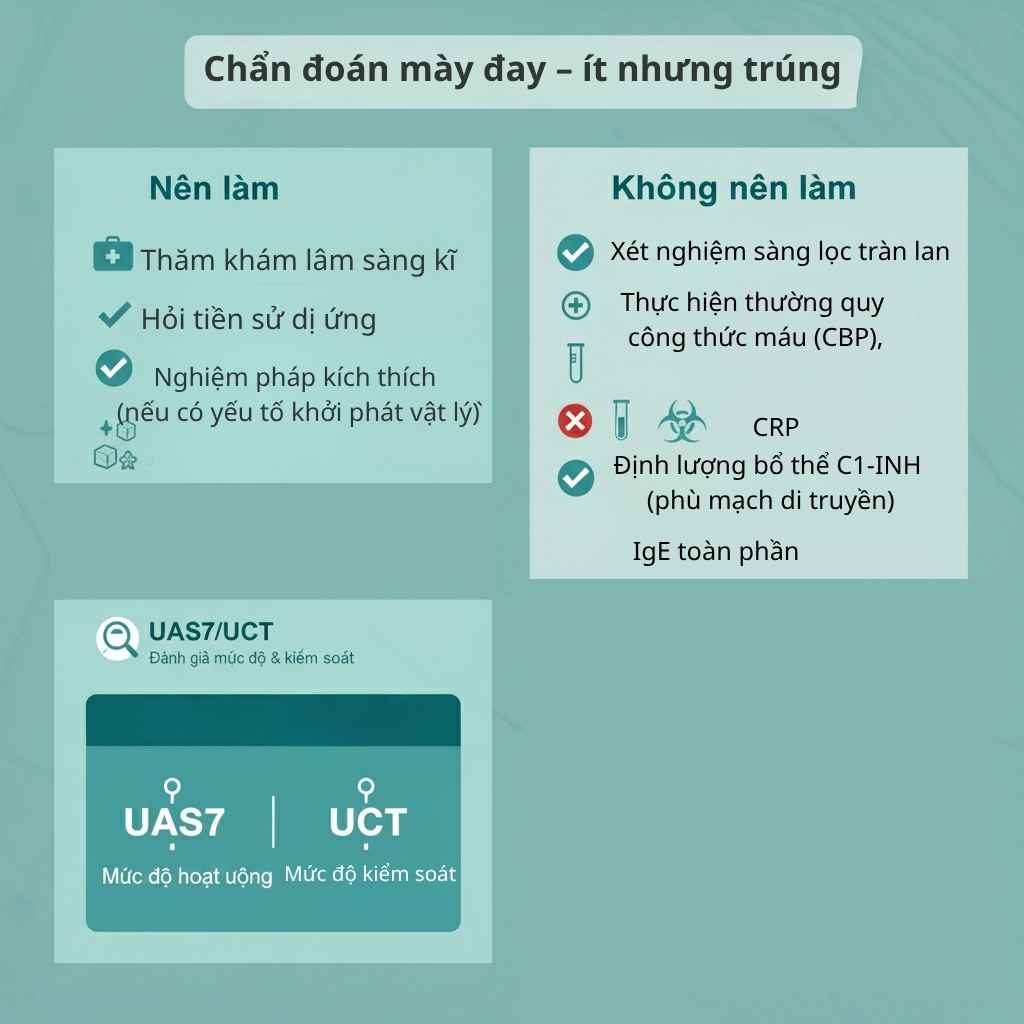chan-doan-may-day-xet-nghiem-toi-thieu.jpg Infographic chẩn đoán mày đay: ưu tiên lâm sàng, CBC/CRP tối thiểu; C4/C1-INH khi nghi phù mạch bradykinin; UAS7 và UCT để theo dõi.