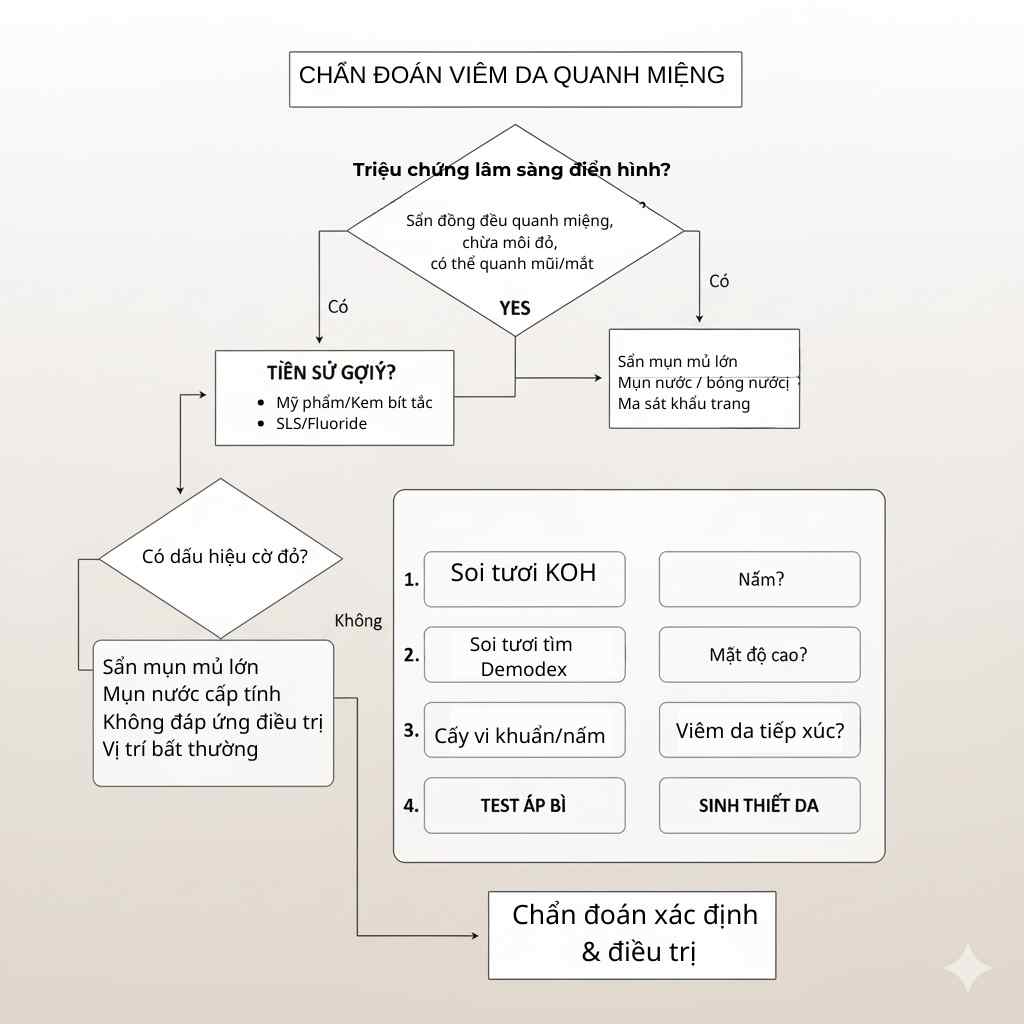 chan-doan-viem-da-quanh-mieng-flowchart.jpg Lưu đồ chẩn đoán viêm da quanh miệng dựa lâm sàng, kèm nhánh chỉ định KOH, test Demodex, cấy khuẩn, patch test và sinh thiết khi không điển hình.