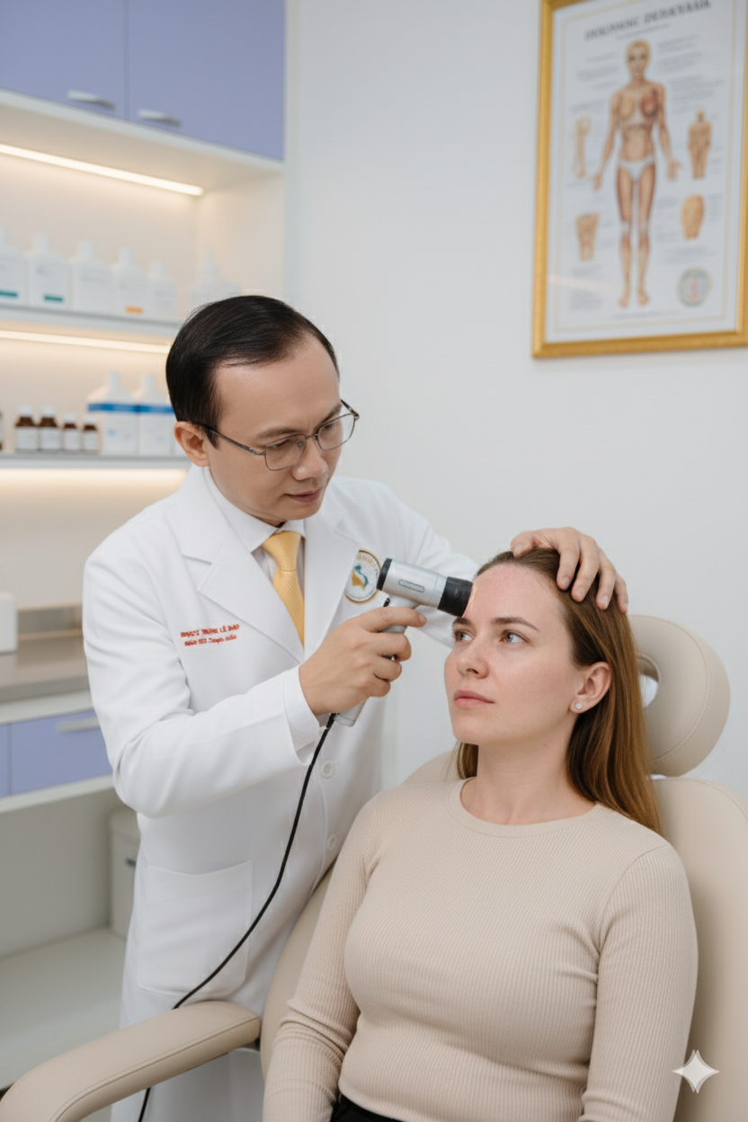 chan-doan-viem-da-tiet-ba-tai-phong-kham-da-lieu.png Bác sĩ da liễu kiểm tra vùng da đầu và mặt để chẩn đoán viêm da tiết bã.