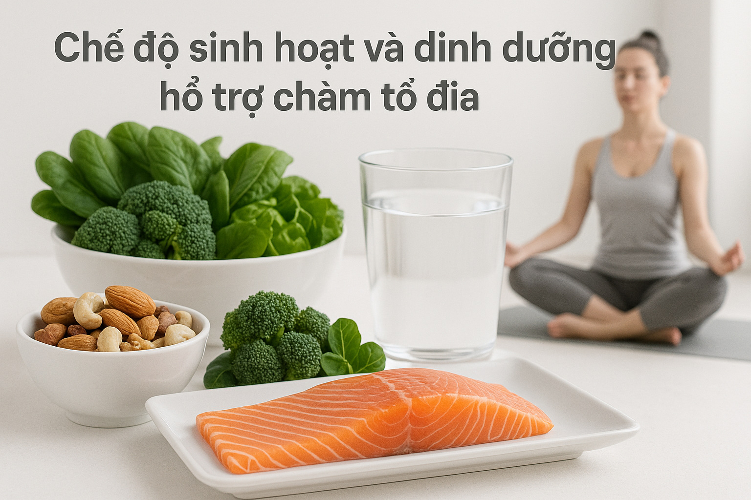 H&igrave;nh minh họa thực phẩm v&agrave; th&oacute;i quen sinh hoạt hỗ trợ điều trị ch&agrave;m tổ đĩa: c&aacute; hồi, rau xanh, yoga, uống nước đầy đủ.