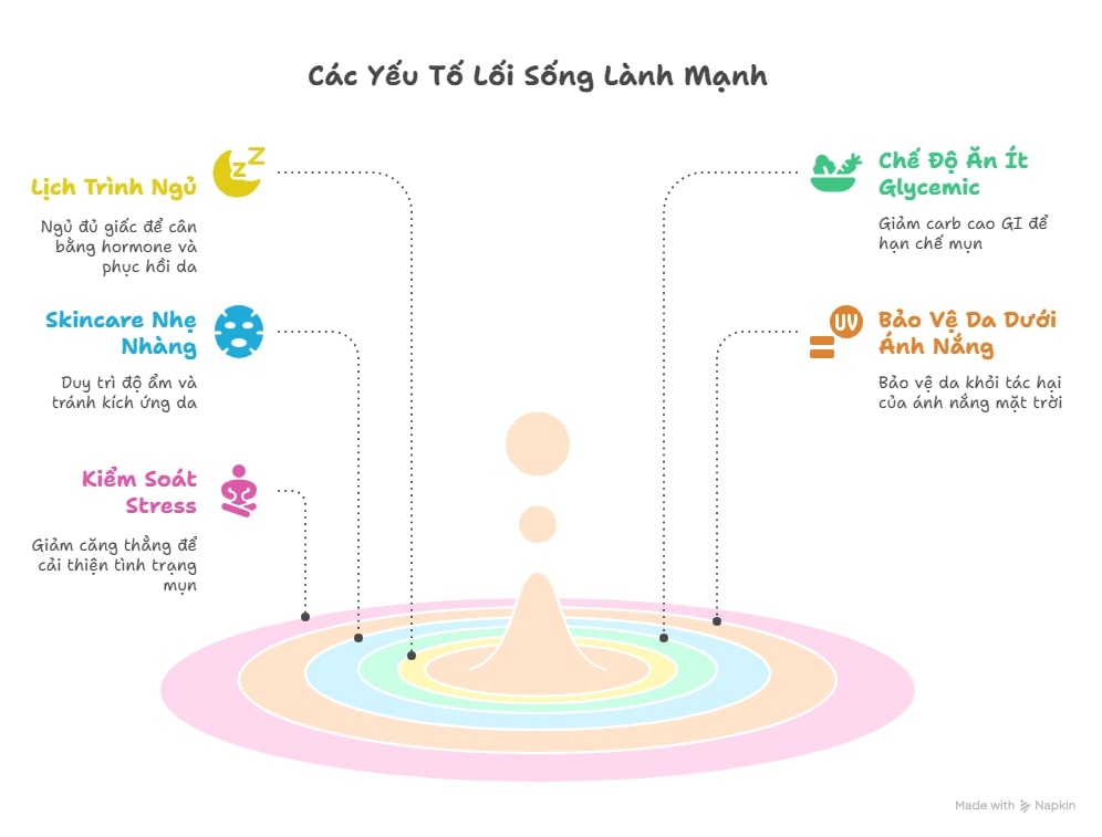 H&igrave;nh infographic m&ocirc; tả chế độ sinh hoạt tốt cho mụn tuổi dậy th&igrave; nữ: ngủ đủ, ăn &iacute;t đường, skincare dịu nhẹ, chống nắng.
