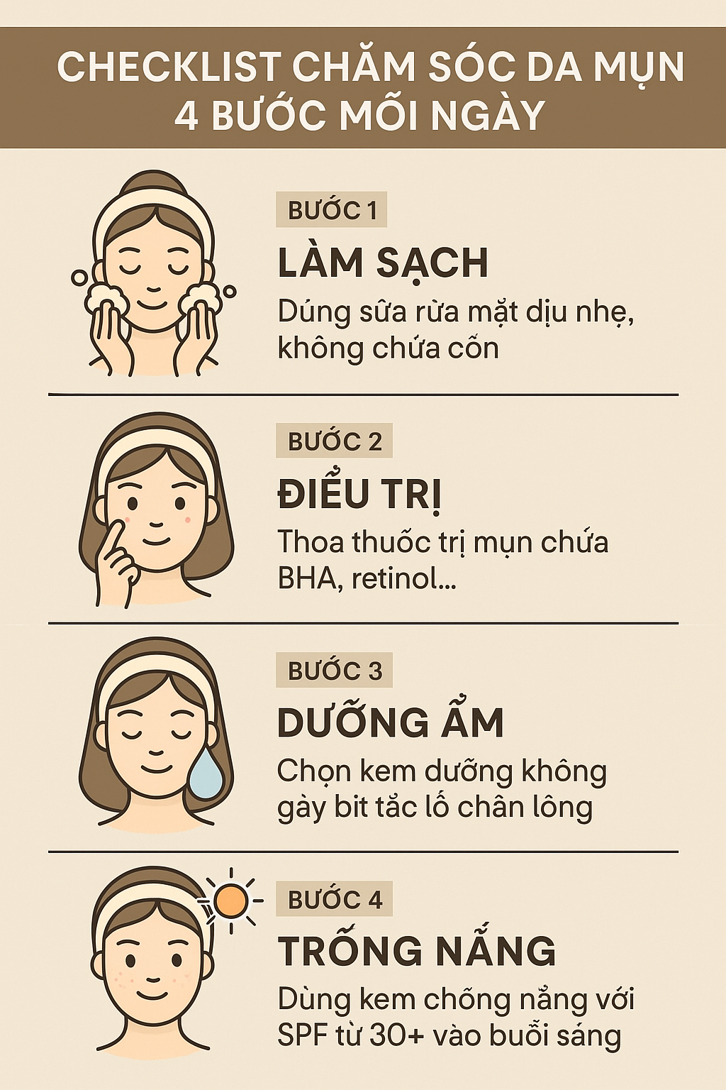 Checklist chăm sóc da mụn 4 bước