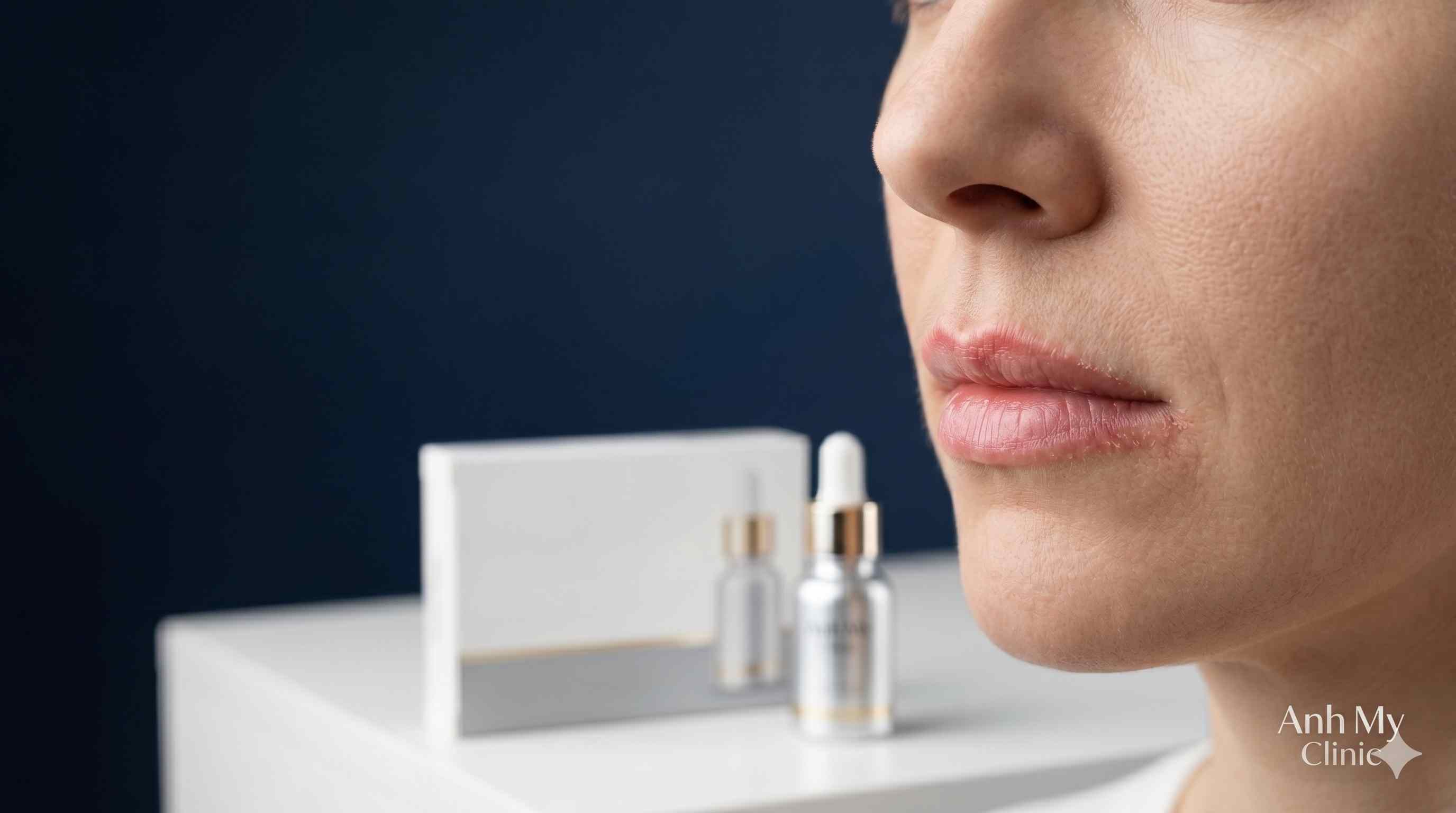 Bức ảnh cận cảnh ch&acirc;n thực về nửa dưới khu&ocirc;n mặt nh&igrave;n nghi&ecirc;ng của một người phụ nữ, tập trung v&agrave;o đ&ocirc;i m&ocirc;i bị đỏ nhẹ v&agrave; bong vảy nhất qu&aacute;n với bệnh vi&ecirc;m m&ocirc;i (cheilitis). Ở hậu cảnh, tr&ecirc;n nền xanh đậm, một bộ x&eacute;t nghiệm dị ứng y tế tối giản m&agrave;u trắng v&agrave; một lọ thuốc nhỏ giọt nằm tr&ecirc;n bề mặt m&agrave;u trắng.