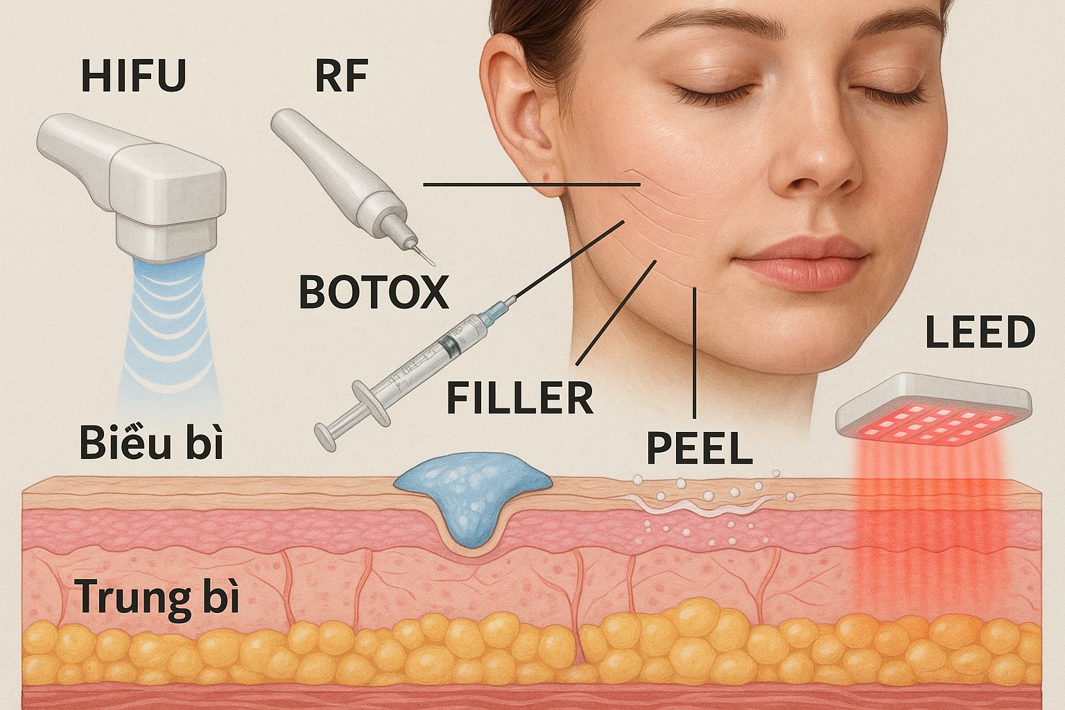 Minh họa phối hợp c&ocirc;ng nghệ HIFU, RF, Botox, Filler, Laser, Peel, LED trong trẻ h&oacute;a da tại Anh Mỹ Clinic