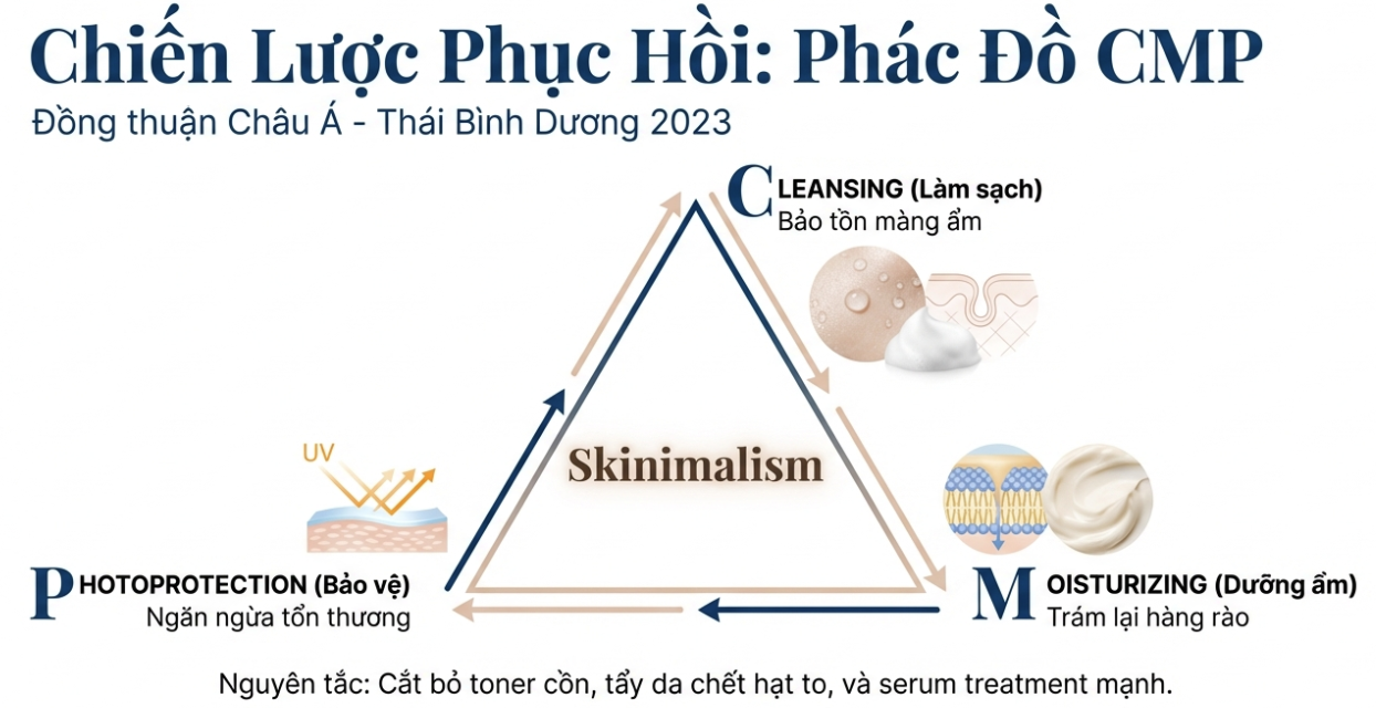 Sơ đồ chiến lược phục hồi da theo ph&aacute;c đồ CMP Skinimalism gồm Cleansing bảo tồn m&agrave;ng ẩm, Moisturizing tr&aacute;m lại h&agrave;ng r&agrave;o da v&agrave; Photoprotection bảo vệ da khỏi tổn thương