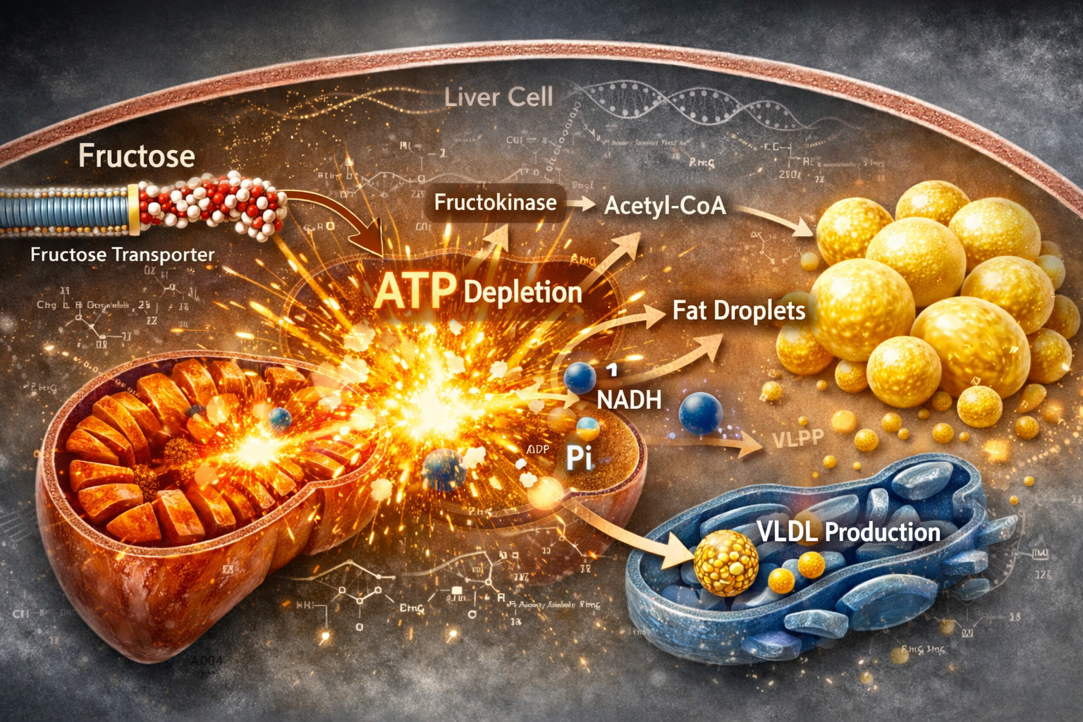 co-che-bay-atp-fructose-gay-gan-nhiem-mo.png Minh họa y khoa công nghệ cao mô tả các phân tử đường fructose đi vào tế bào gan người, gây ra cơ chế