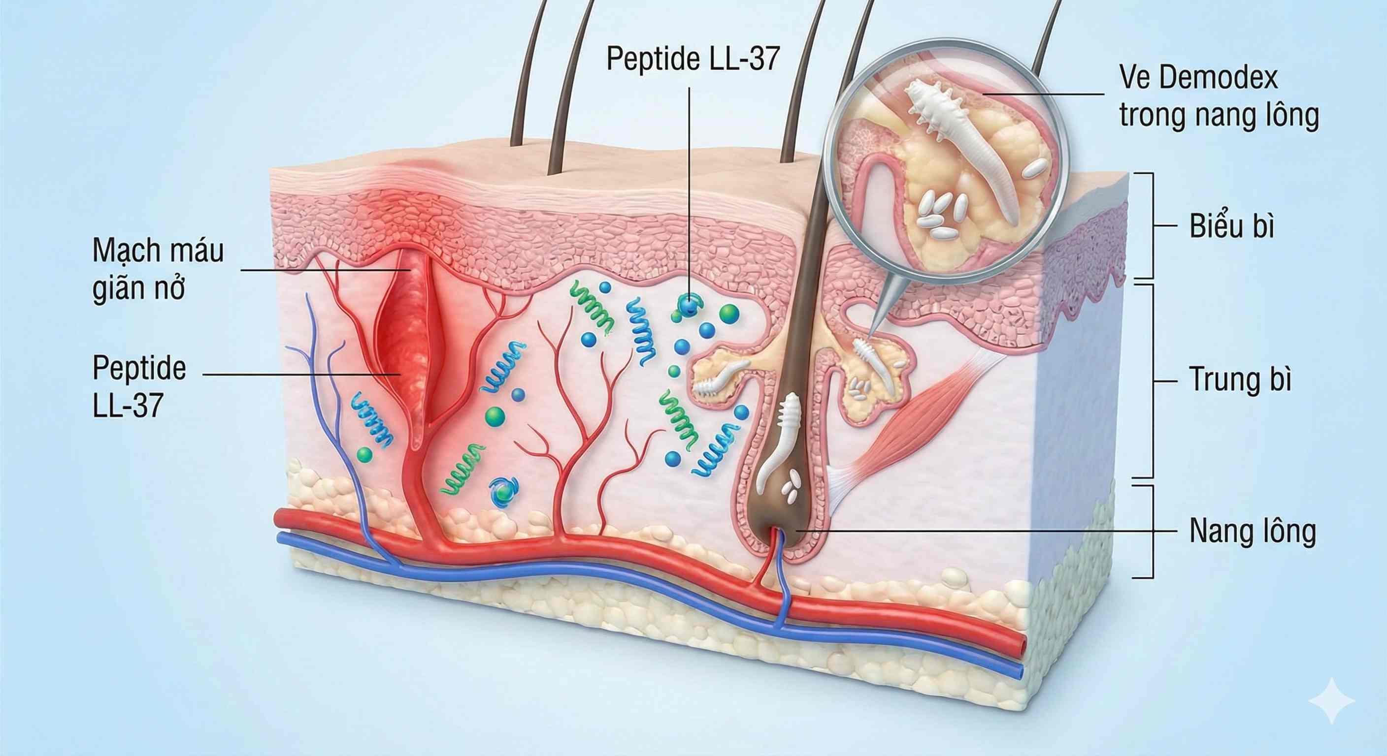 Đồ họa y khoa 3D m&ocirc; tả cơ chế bệnh sinh bệnh trứng c&aacute; đỏ (Rosacea) gồm t&igrave;nh trạng gi&atilde;n mạch m&aacute;u, hoạt động của peptide LL-37 v&agrave; sự hiện diện của ve Demodex trong nang l&ocirc;ng.