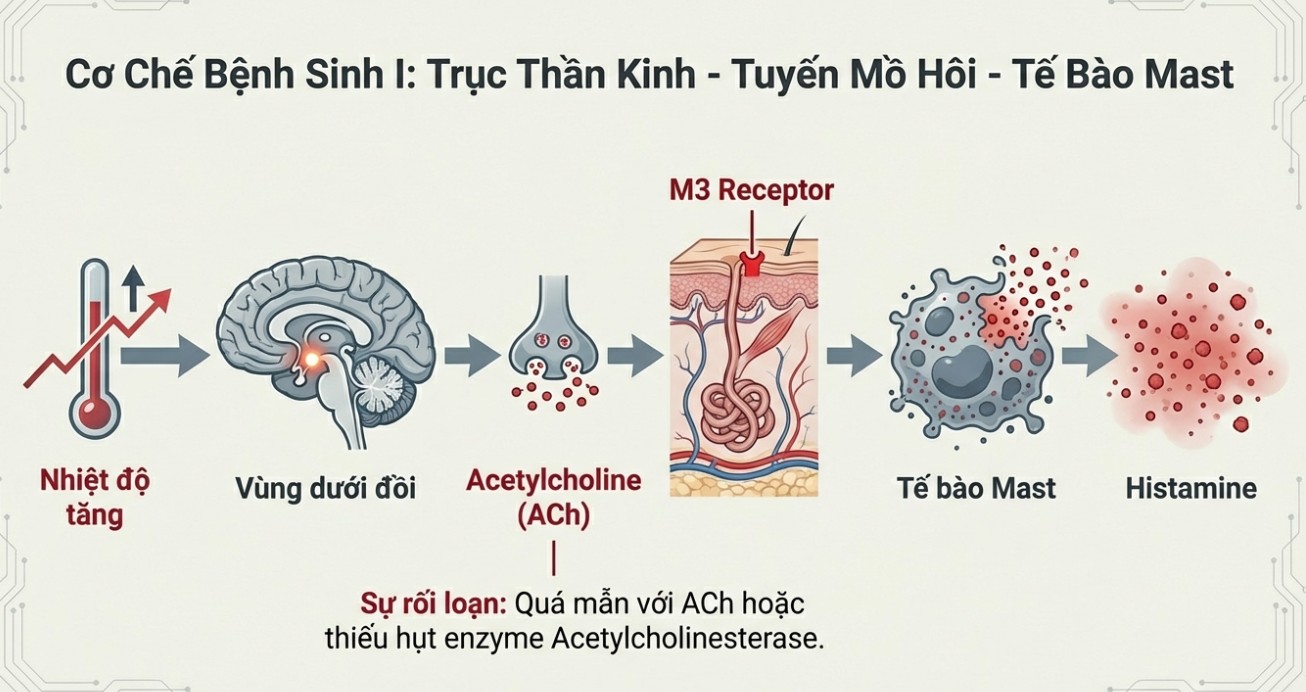 Sơ đồ đồ họa th&ocirc;ng tin m&ocirc; tả cơ chế bệnh sinh của mề đay cholinergic theo trục Thần kinh - Tuyến mồ h&ocirc;i - Tế b&agrave;o Mast. Quy tr&igrave;nh bắt đầu từ việc nhiệt độ tăng k&iacute;ch th&iacute;ch v&ugrave;ng dưới đồi, dẫn đến giải ph&oacute;ng Acetylcholine (ACh). Sự rối loạn qu&aacute; mẫn với ACh hoặc thiếu hụt enzyme sẽ k&iacute;ch hoạt tế b&agrave;o Mast giải ph&oacute;ng Histamine, g&acirc;y ra phản ứng dị ứng.