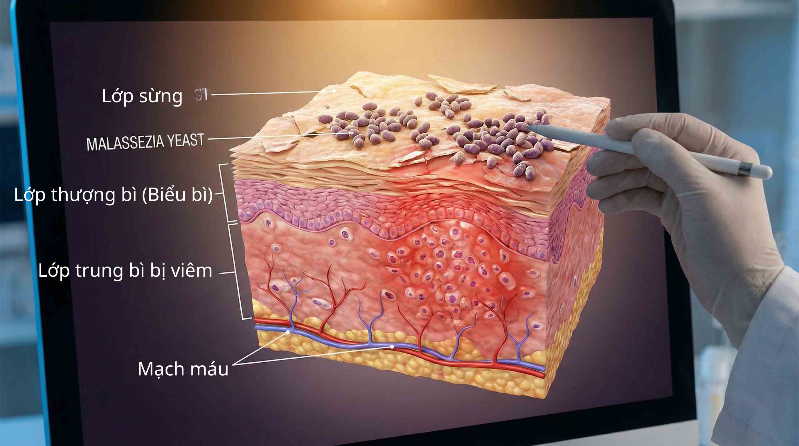 H&igrave;nh ảnh minh họa y khoa cắt ngang cấu tr&uacute;c da, hiển thị vi nấm Malassezia tr&ecirc;n lớp sừng g&acirc;y vi&ecirc;m xuống lớp trung b&igrave;, c&oacute; nh&atilde;n ch&uacute; th&iacute;ch r&otilde; r&agrave;ng.
