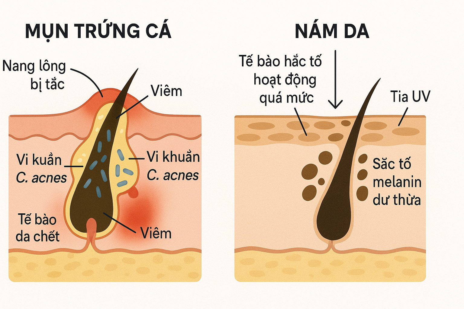 Sơ đồ y khoa giải th&iacute;ch cơ chế h&igrave;nh th&agrave;nh mụn v&agrave; n&aacute;m tr&ecirc;n da.
