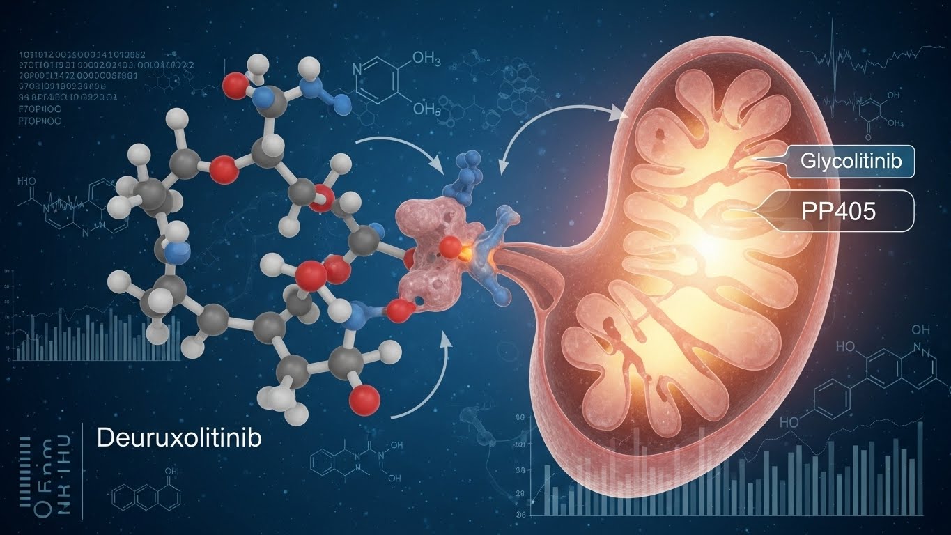 Mô hình phân tử Deuruxolitinib ức chế thụ thể JAK1/JAK2 ngăn chặn tín hiệu viêm và bảo vệ tế bào gốc nang tóc.