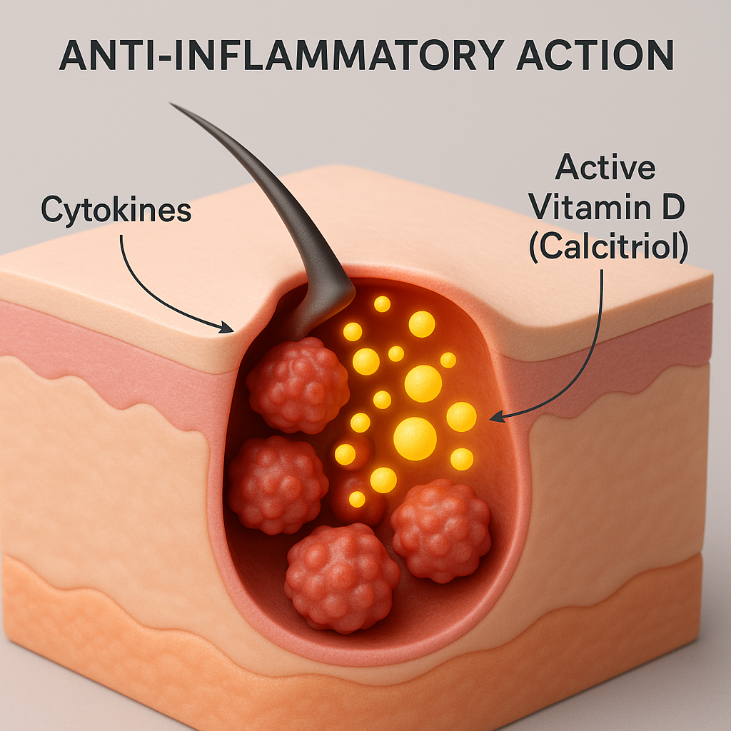  Cơ chế kh&aacute;ng vi&ecirc;m của Vitamin D ở cấp độ tế b&agrave;o, hỗ trợ l&agrave;m dịu c&aacute;c nốt mụn sưng đỏ. 