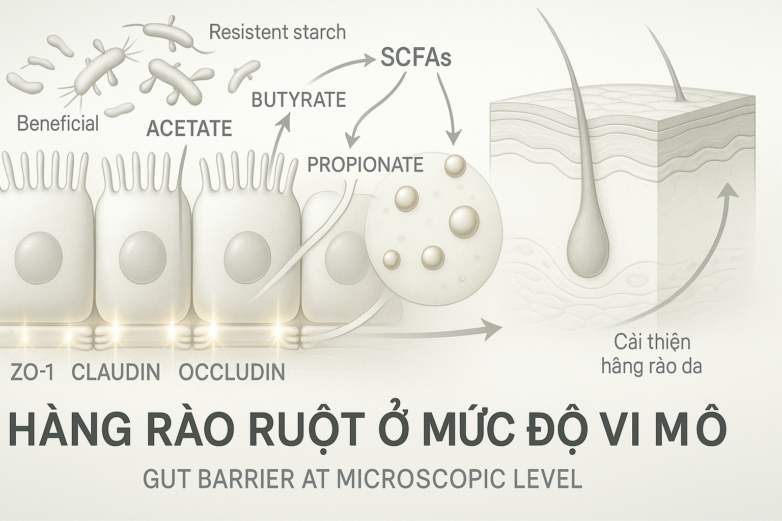 Minh hoạ SCFA (butyrate, acetate, propionate) củng cố h&agrave;ng r&agrave;o ruột, siết chặt tight junctions v&agrave; giảm vi&ecirc;m theo trục ruột&ndash;da.