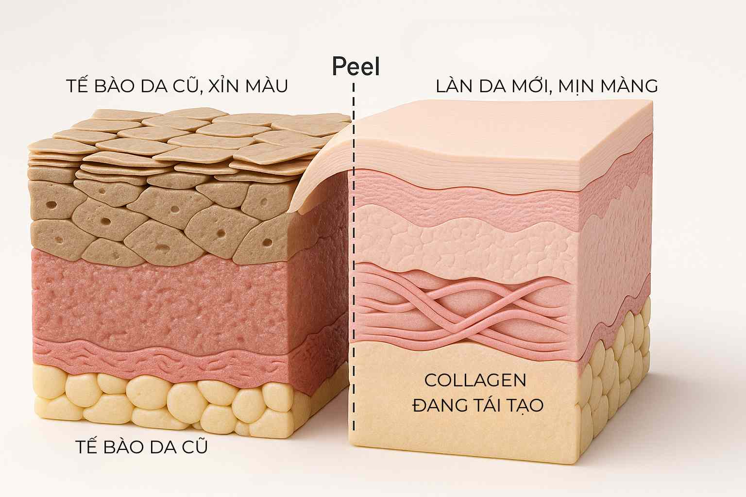 Cơ chế t&aacute;i tạo collagen v&agrave; l&agrave;m mới l&agrave;n da của phương ph&aacute;p peel da h&oacute;a học.
