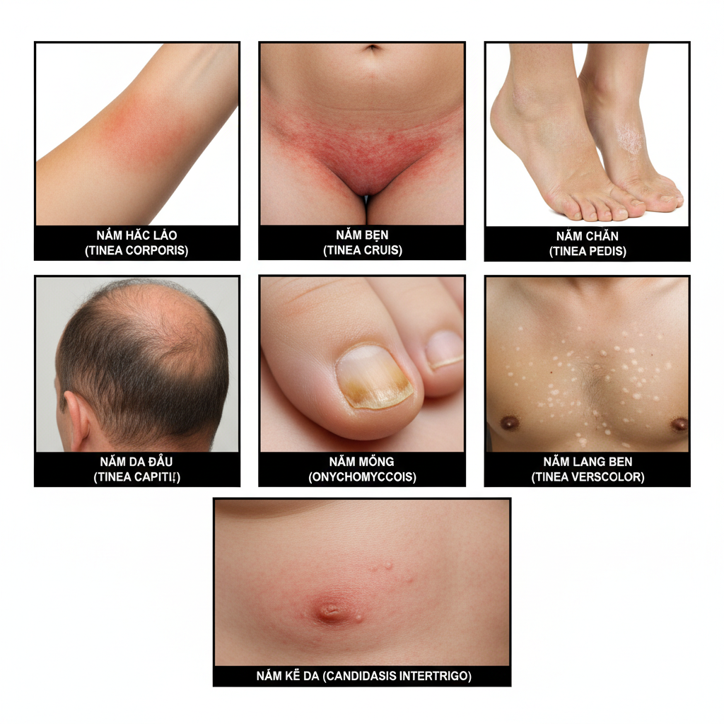 cac-loai-nam-da.png Tổng hợp hình ảnh các thể nhiễm nấm da: thân, bẹn, chân, da đầu, móng, lang ben và Candida.