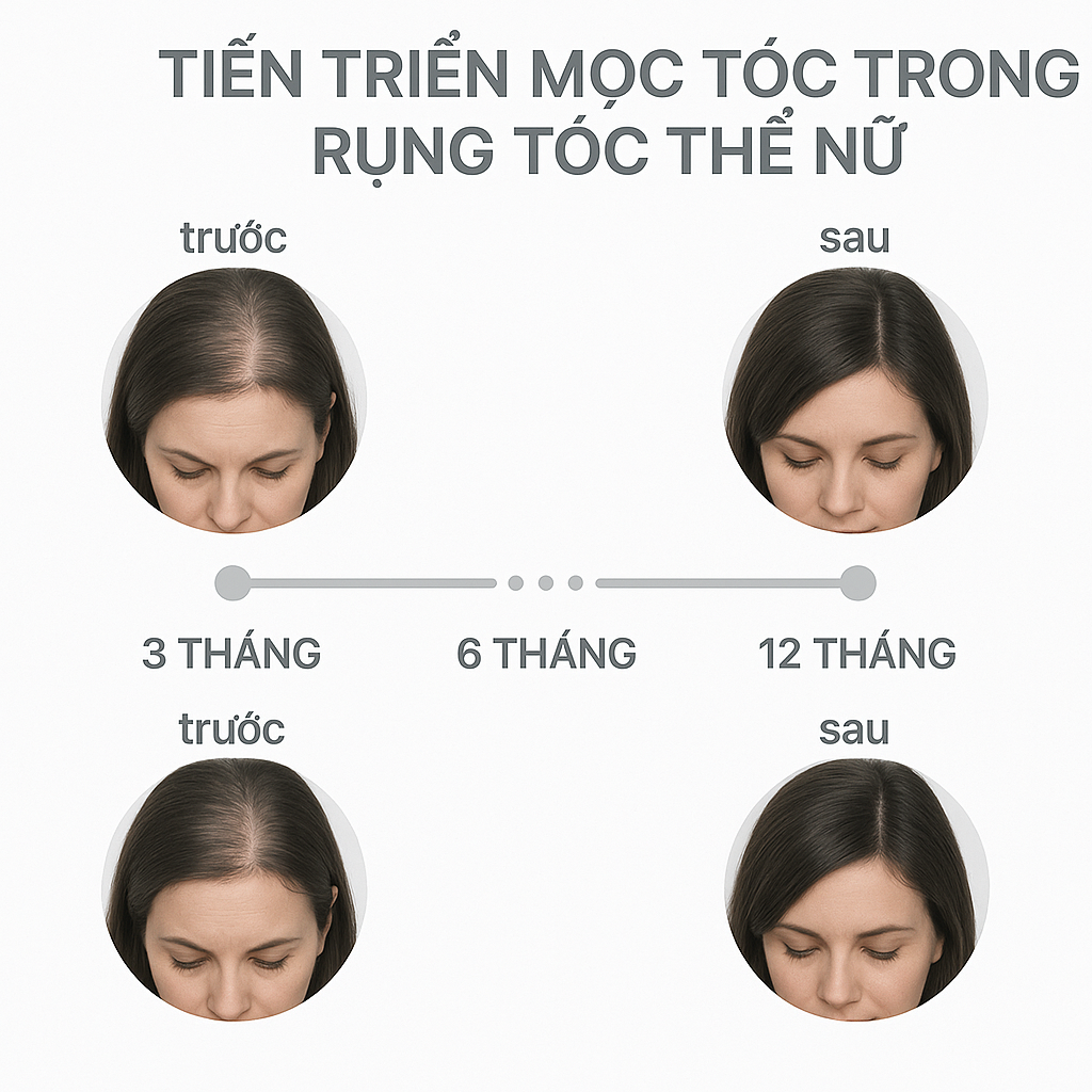 Biểu đồ mốc thời gian đ&aacute;nh gi&aacute; đ&aacute;p ứng điều trị rụng t&oacute;c kiểu nữ bằng spironolactone.