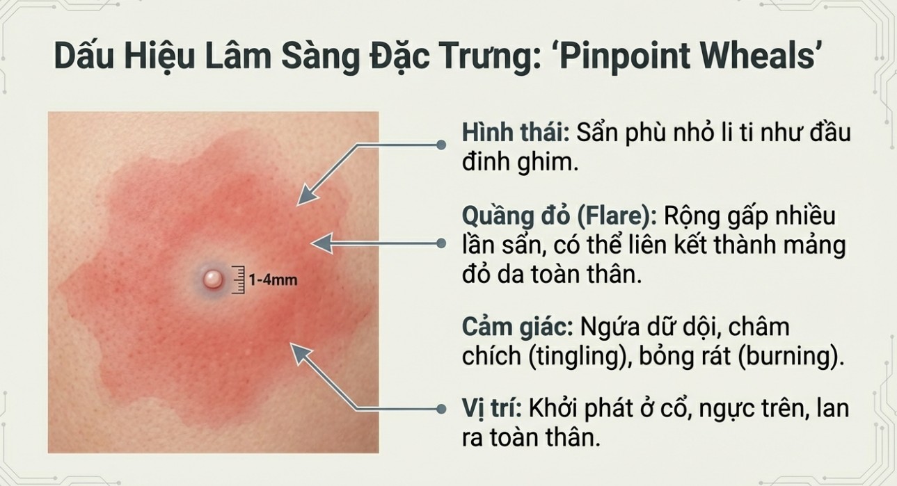 Infographic m&ocirc; tả dấu hiệu l&acirc;m s&agrave;ng đặc trưng 'Pinpoint Wheals' của mề đay cholinergic. H&igrave;nh ảnh chi tiết nốt sẩn ph&ugrave; nhỏ li ti (1-4mm) bao quanh bởi quầng đỏ rộng, k&egrave;m theo m&ocirc; tả cảm gi&aacute;c ch&acirc;m ch&iacute;ch, bỏng r&aacute;t v&agrave; vị tr&iacute; khởi ph&aacute;t thường gặp ở v&ugrave;ng cổ, ngực.