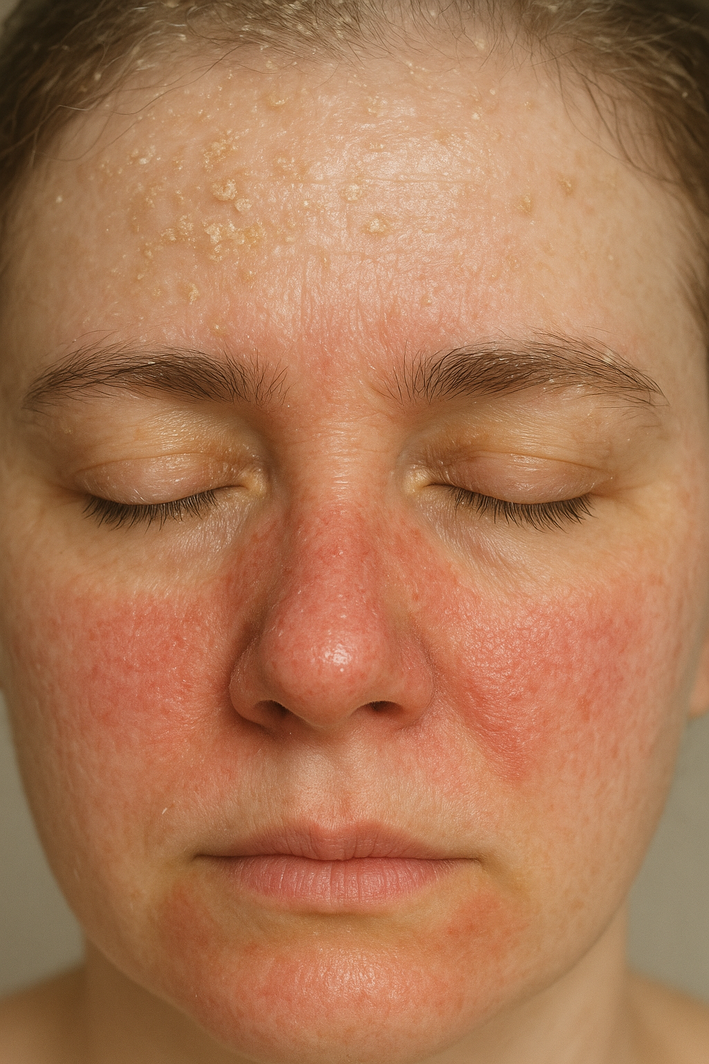 dau-hieu-som-viem-da-tiet-ba-o-mat-va-da-dau.png Hình ảnh viêm da tiết bã với vảy nhờn quanh mũi, chân tóc và lông mày.