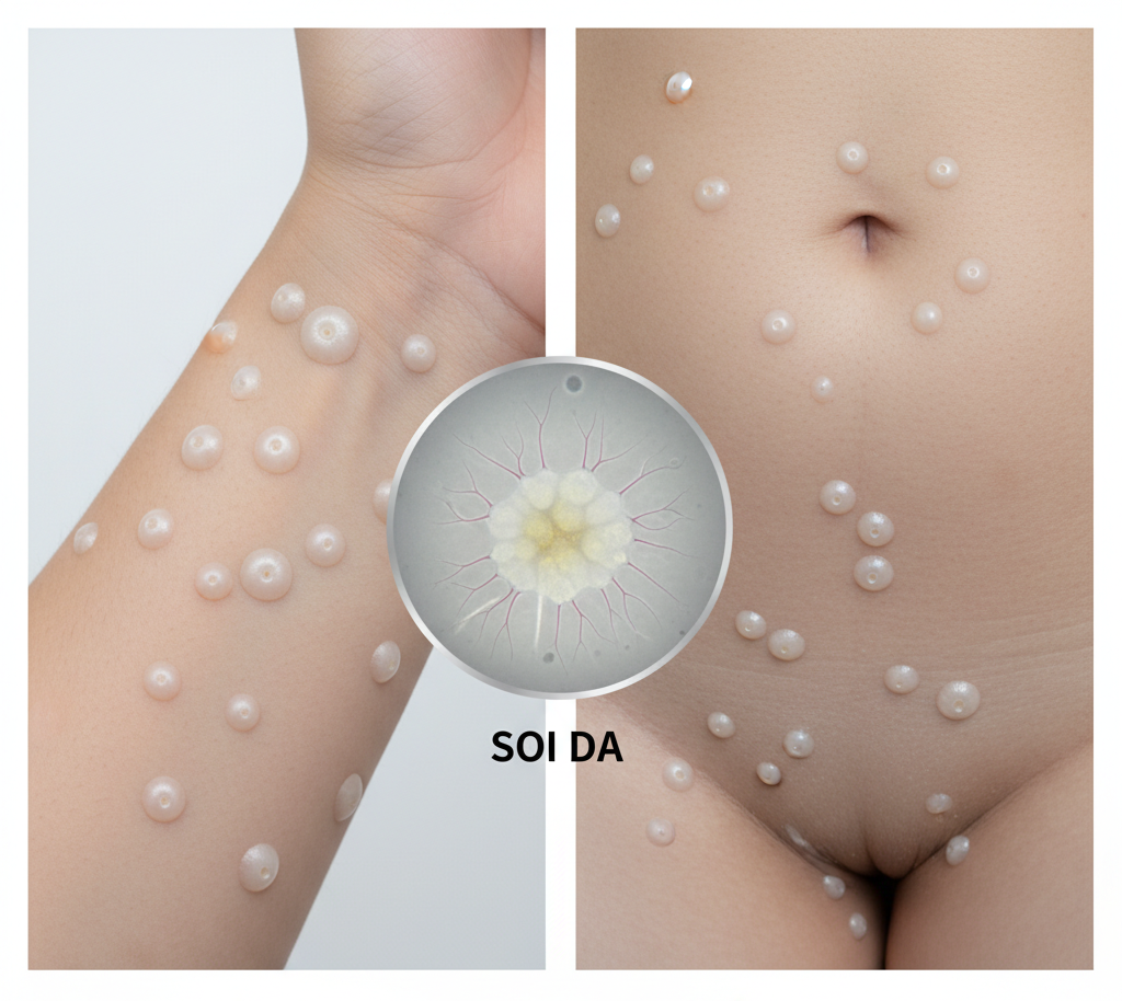 dau-hieu-u-mem-lay-san-bong-lom-giua-dermoscopy.png Ảnh lâm sàng u mềm lây với sẩn bóng lõm giữa và hình soi da cho thấy trung tâm trắng–vàng đa thùy, mạch vòng hoa.