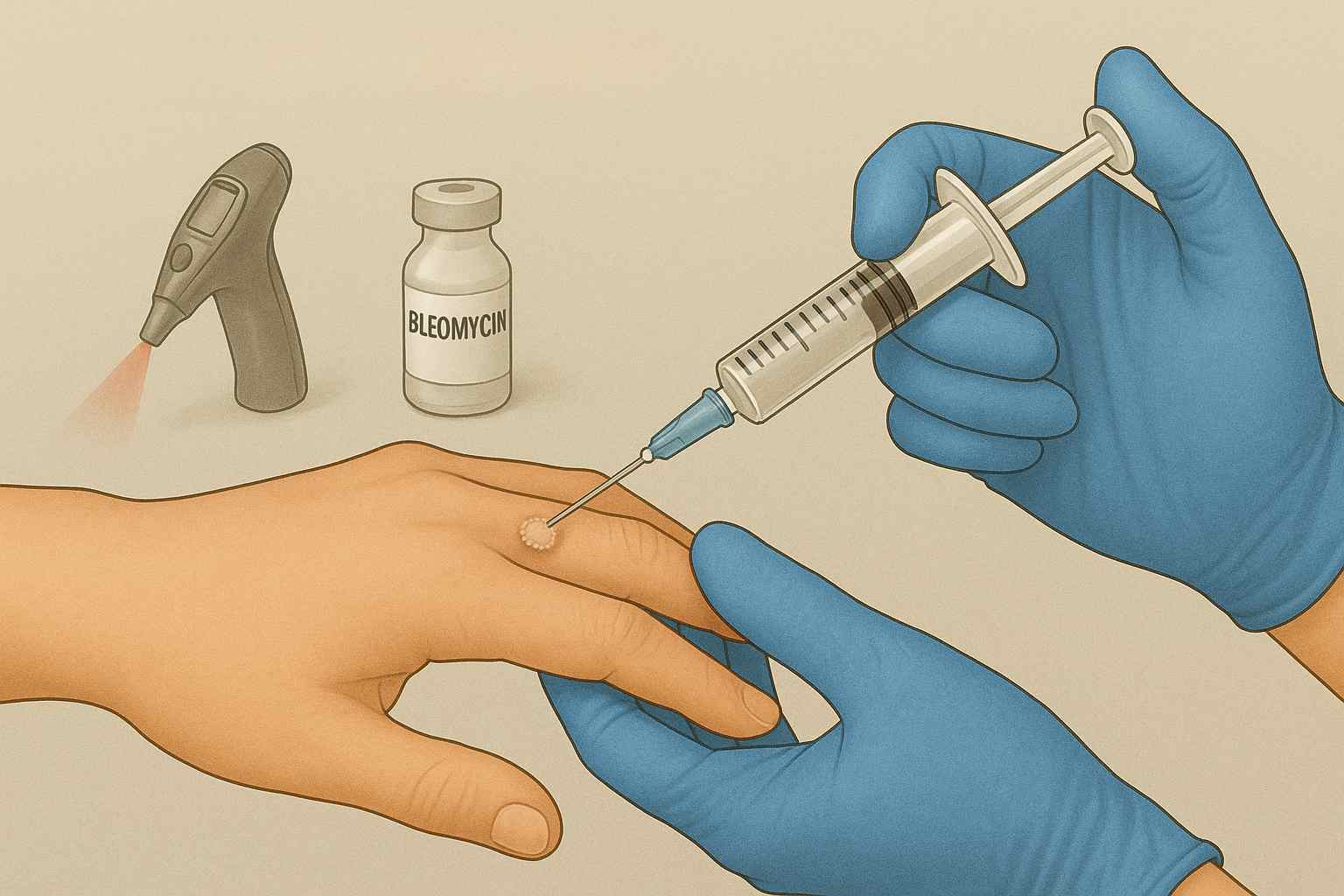 Minh họa c&aacute;c phương ph&aacute;p điều trị mụn c&oacute;c kh&aacute;ng trị: ti&ecirc;m miễn dịch, bleomycin, laser