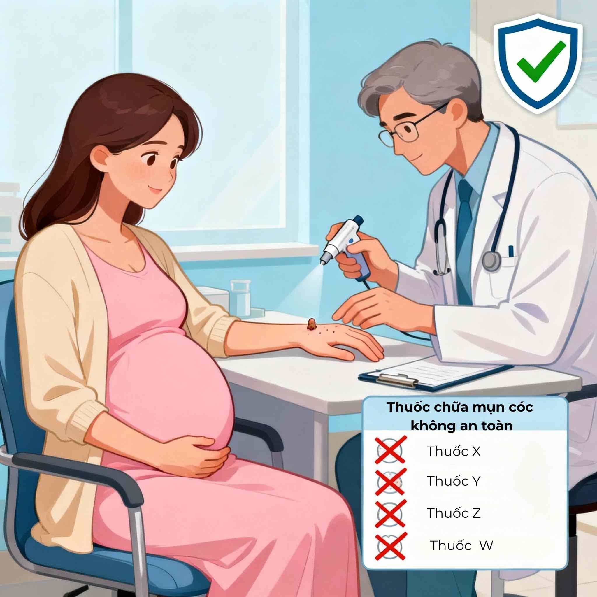 Minh họa thai phụ được b&aacute;c sĩ da liễu &aacute;p lạnh mụn c&oacute;c v&agrave; tr&aacute;nh thuốc độc tế b&agrave;o