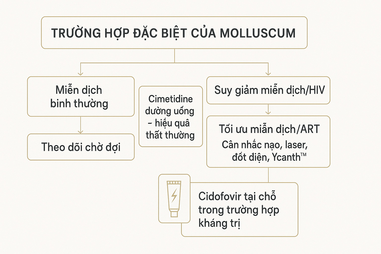 Sơ đồ xử tr&iacute; u mềm l&acirc;y ở ca đặc biệt: suy giảm miễn dịch/HIV cần tối ưu miễn dịch v&agrave; can thiệp; cimetidine đường uống hiệu quả thất thường; c&acirc;n nhắc cidofovir tại chỗ khi t&aacute;i ph&aacute;t.