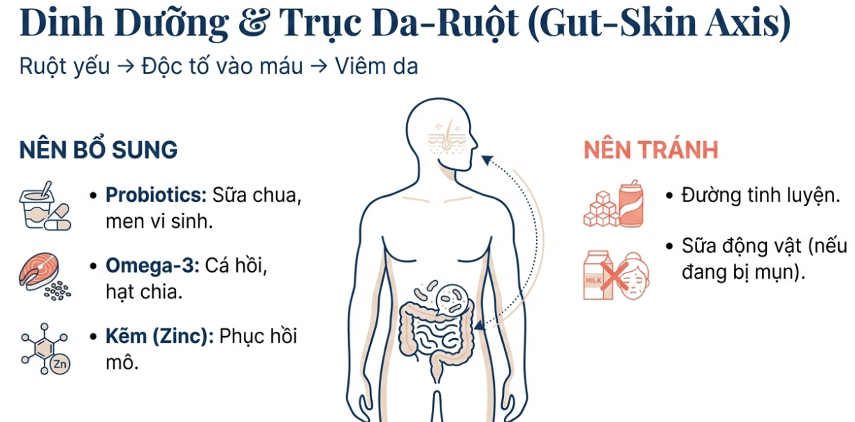 Sơ đồ trục da&ndash;ruột (Gut&ndash;Skin Axis) cho thấy mối li&ecirc;n hệ giữa ruột v&agrave; da, khuyến nghị bổ sung probiotics, omega-3 v&agrave; kẽm để giảm vi&ecirc;m da, đồng thời tr&aacute;nh đường tinh luyện v&agrave; sữa động vật khi da đang vi&ecirc;m mụn