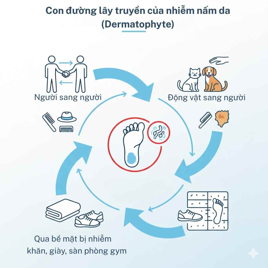 duong-lay-truyen-nam-da-dermatophyte.jpg Sơ đồ minh họa các con đường lây nhiễm nấm da: tiếp xúc trực tiếp, vật trung gian và môi trường ẩm.