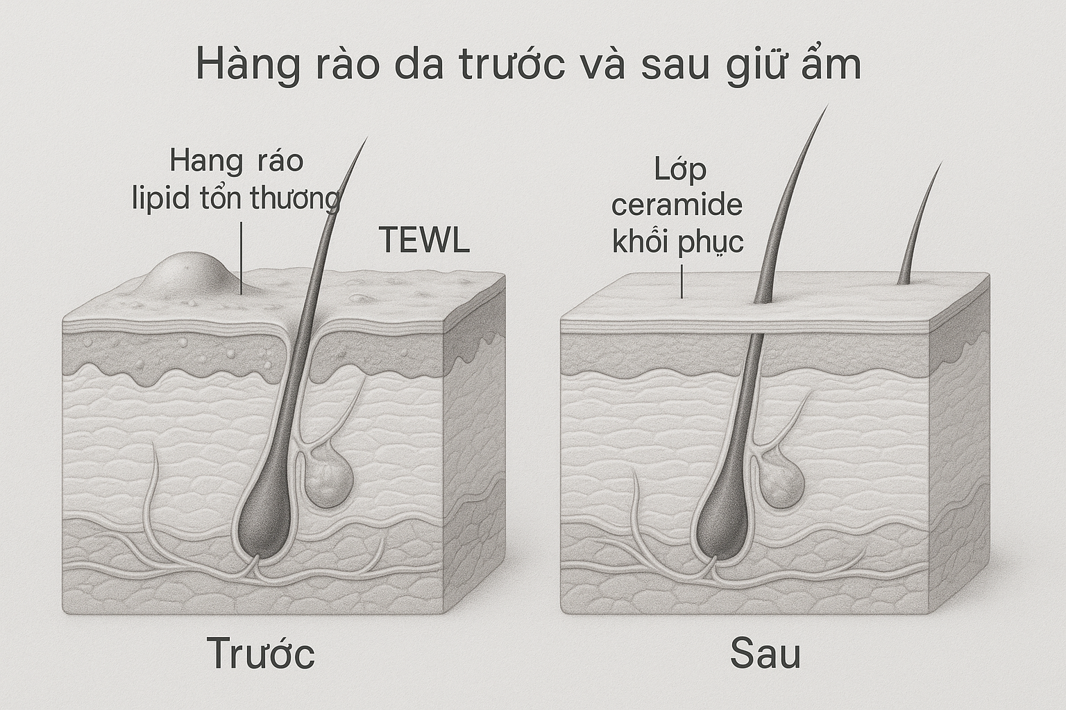 H&igrave;nh minh hoạ h&agrave;ng r&agrave;o da mụn bị tổn thương v&agrave; phục hồi sau khi d&ugrave;ng chất giữ ẩm chứa ceramide.