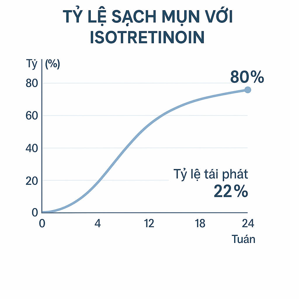 Biểu đồ thể hiện tốc độ giảm mụn v&agrave; tỷ lệ t&aacute;i ph&aacute;t sau điều trị Isotretinoin theo nghi&ecirc;n cứu JAMA Dermatology 2025.