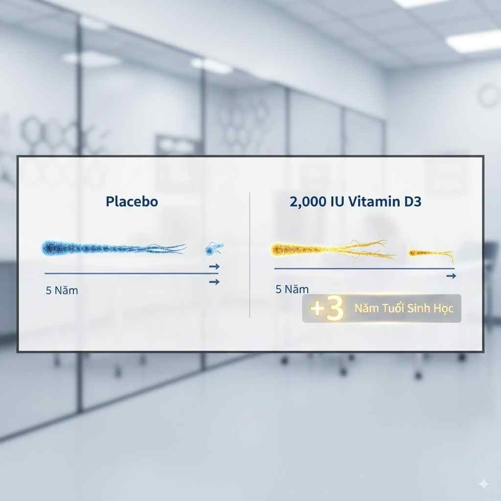 Biểu đồ minh họa kết quả nghi&ecirc;n cứu VITAL về hiệu quả của việc uống vitamin D 2000 IU mỗi ng&agrave;y đối với chiều d&agrave;i telomere.