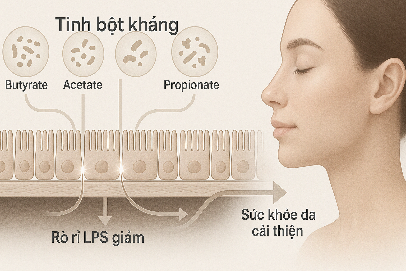 Minh hoạ prebiotic tạo SCFA (butyrate) siết chặt h&agrave;ng r&agrave;o ruột, giảm vi&ecirc;m theo trục ruột&ndash;da.