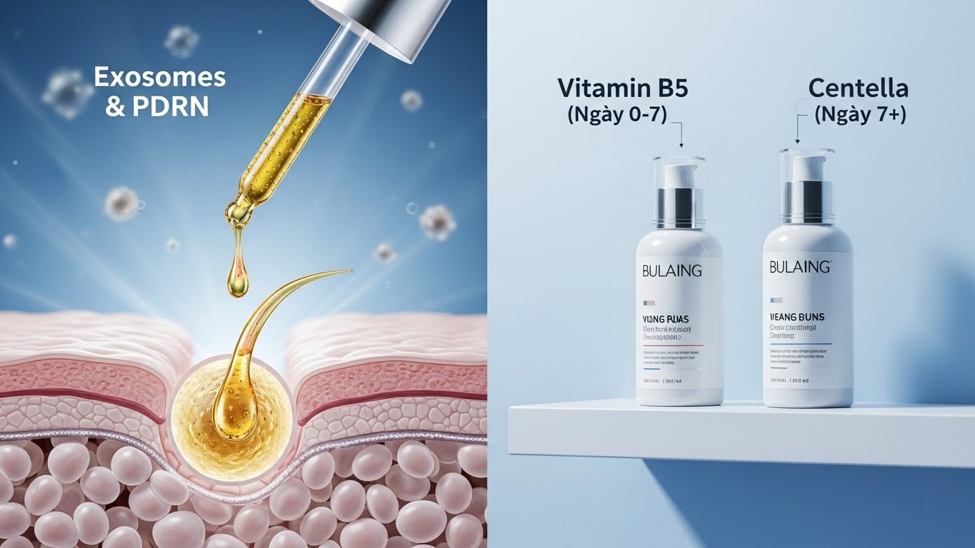 Hoạt chất phục hồi da sau laser 2025: Exosomes, PDRN, Vitamin B5 và Rau má.