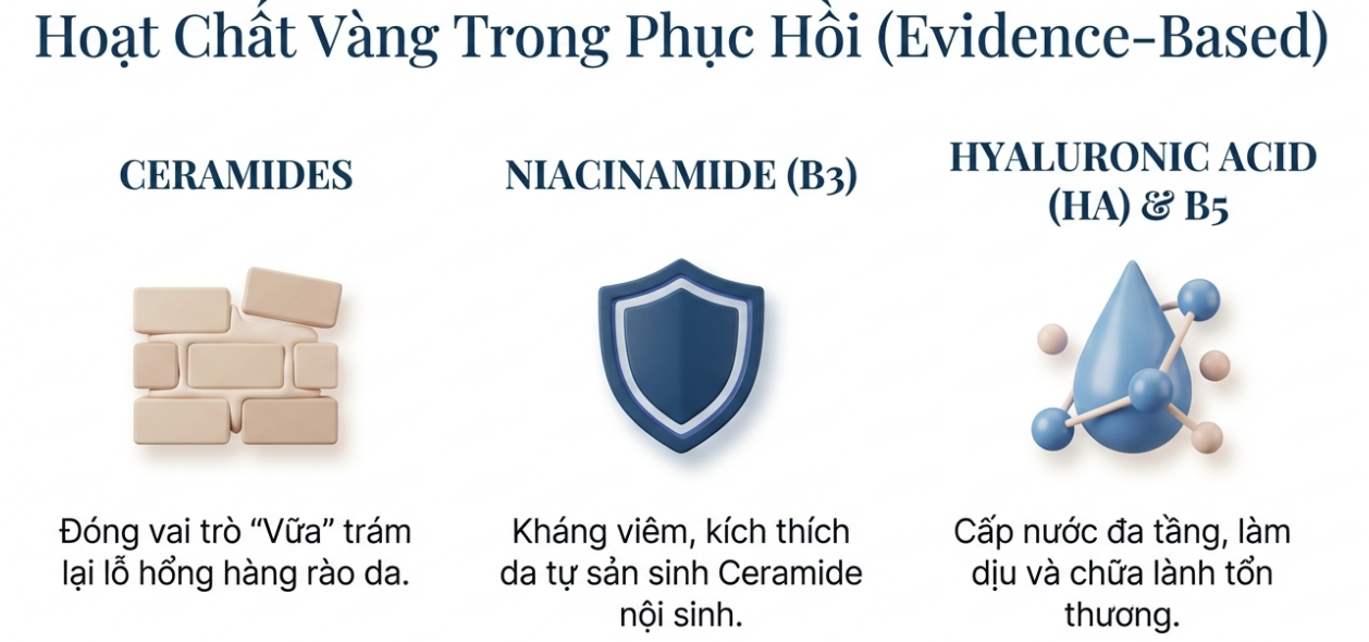 Minh họa c&aacute;c hoạt chất v&agrave;ng trong phục hồi h&agrave;ng r&agrave;o da gồm Ceramides tr&aacute;m lipid gian b&agrave;o, Niacinamide (B3) kh&aacute;ng vi&ecirc;m k&iacute;ch th&iacute;ch tổng hợp ceramide nội sinh v&agrave; Hyaluronic Acid kết hợp B5 gi&uacute;p cấp nước v&agrave; chữa l&agrave;nh da