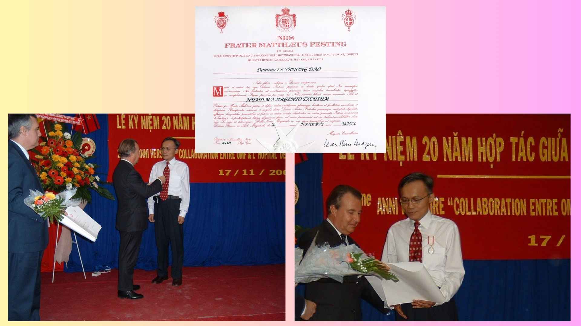 Hu&acirc;n chương Bạc của D&ograve;ng Hiệp sĩ Th&aacute;nh Gioan Jerusalem trao tặng &ocirc;ng L&ecirc; Trương Đạo tại Rome năm 2009, ghi nhận c&ocirc;ng trạng v&agrave; cống hiến xuất sắc