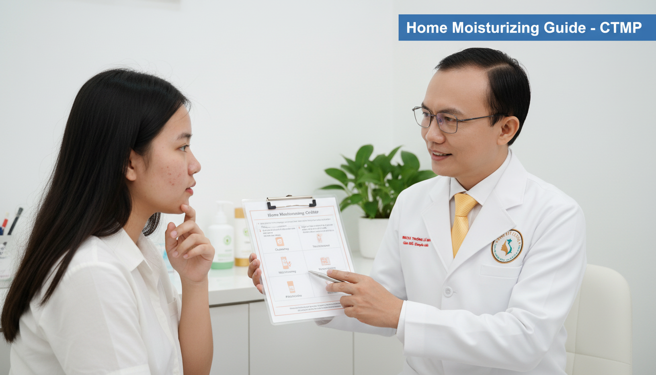 B&aacute;c sĩ da liễu hướng dẫn bệnh nh&acirc;n quy tr&igrave;nh CTMP dưỡng ẩm v&agrave; d&ugrave;ng thuốc trị mụn tại nh&agrave;.