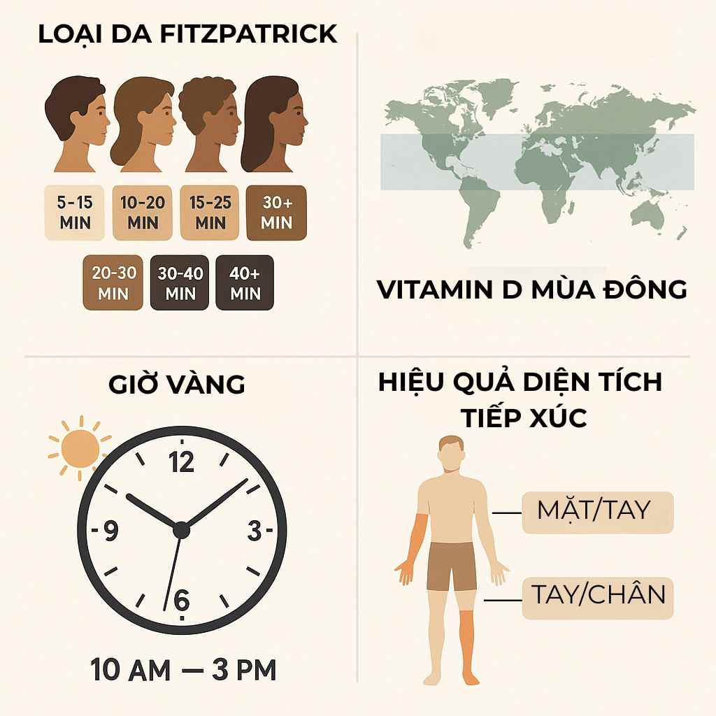 Thời gian phơi nắng để tổng hợp vitamin D cần được điều chỉnh dựa tr&ecirc;n 4 yếu tố ch&iacute;nh: loại da, vị tr&iacute; địa l&yacute;, m&ugrave;a trong năm v&agrave; diện t&iacute;ch da tiếp x&uacute;c.