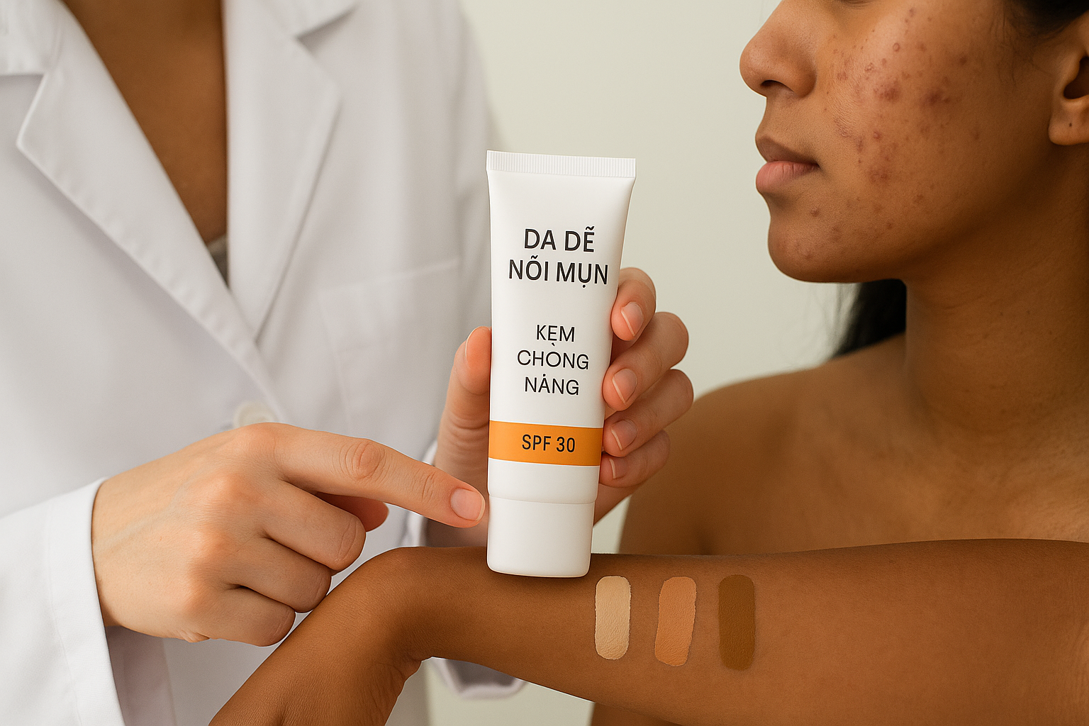 kem-chong-nang-giup-cai-thien-tham-mun-pih-bs-truong-le-dao-anhmyclinic.png Bác sĩ da liễu minh họa tác dụng của kem chống nắng có màu chứa iron oxides trong giảm thâm mụn (PIH).