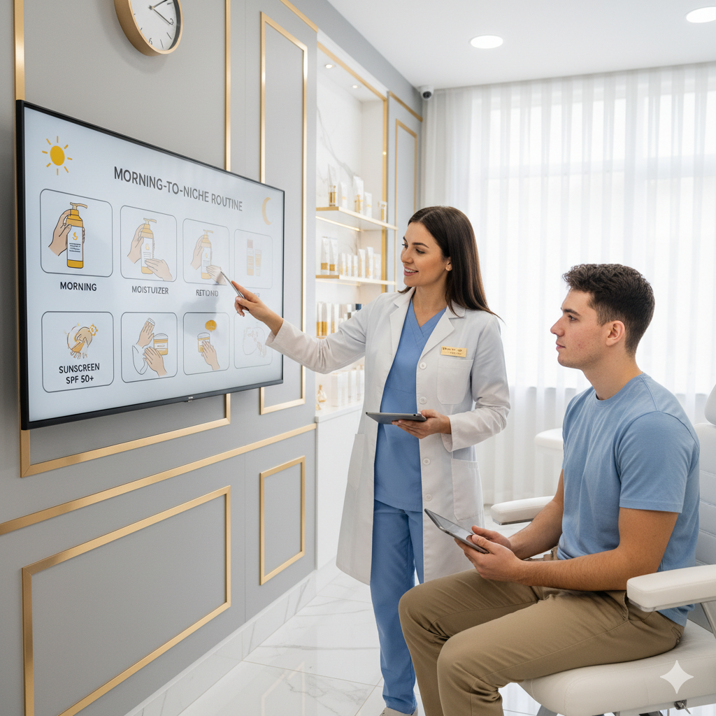 B&aacute;c sĩ hướng dẫn quy tr&igrave;nh s&aacute;ng&ndash;tối d&ugrave;ng kem chống nắng trong điều trị mụn.